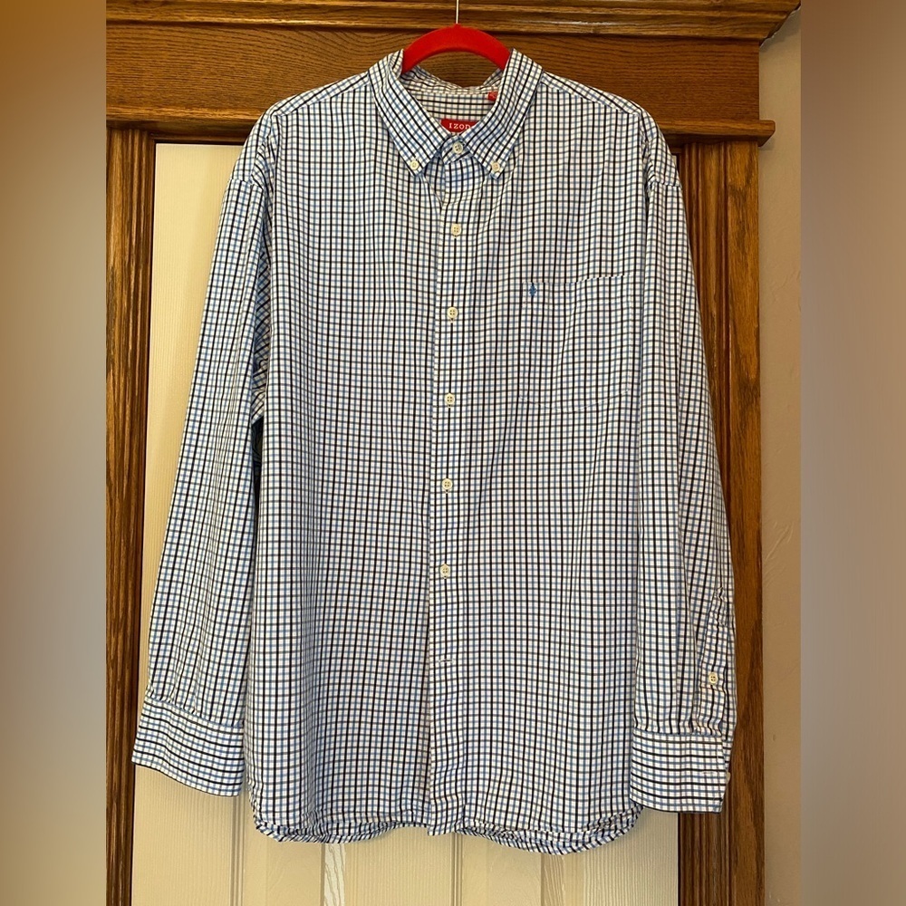 Izod Mens Plaid Shirt Long Sleeve Sz XXL 100% Cotton Blue
